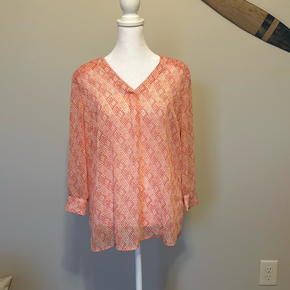 Talbots orange and white 3/4 sleeve shear blouse. Size small